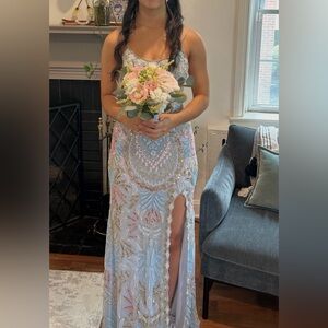 Beaded Pastel Embellished Evening Gown with Thigh Slit